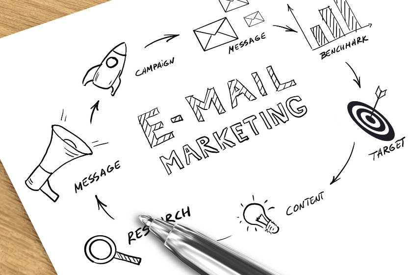 Foglio con illustrazioni e parole chiave sull’e-mail marketing, come messaggio, target, contenuto e ricerca, con una penna appoggiata in primo piano.