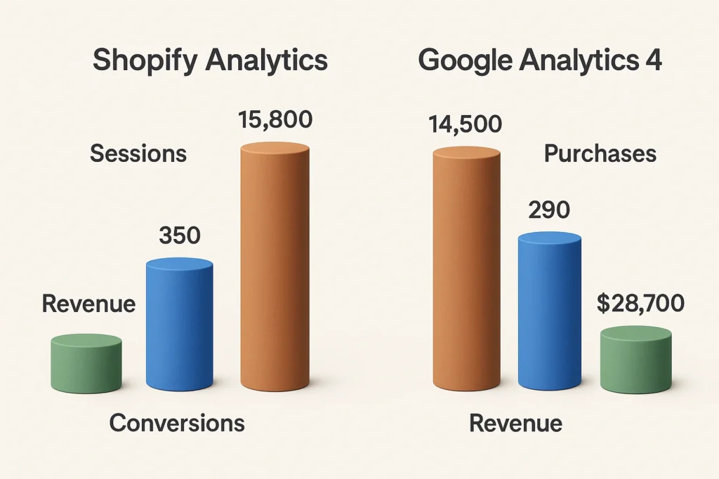 Grafico 3D che evidenzia perché i numeri di Shopify Analytics e Google Analytics 4 non coincidono, con differenze tra sessioni, ordini e ricavi.