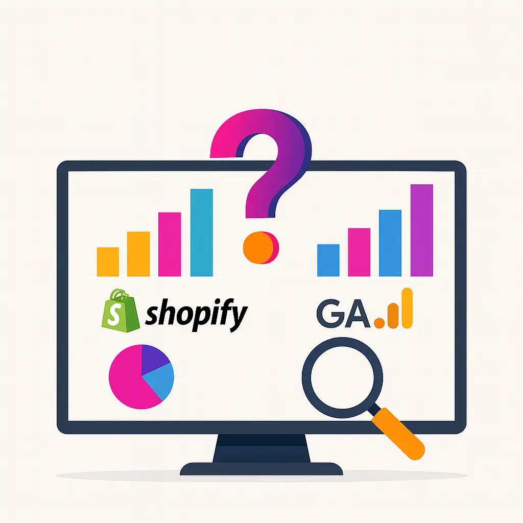 Grafico comparativo che illustra quale dato usare tra Shopify e Google Analytics 4 per le analisi e-commerce.