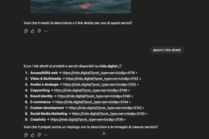 ChatGPT che mostra i servizi Iride