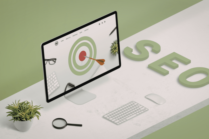 Scrivania digitale con monitor, bersaglio e lettere SEO in evidenza