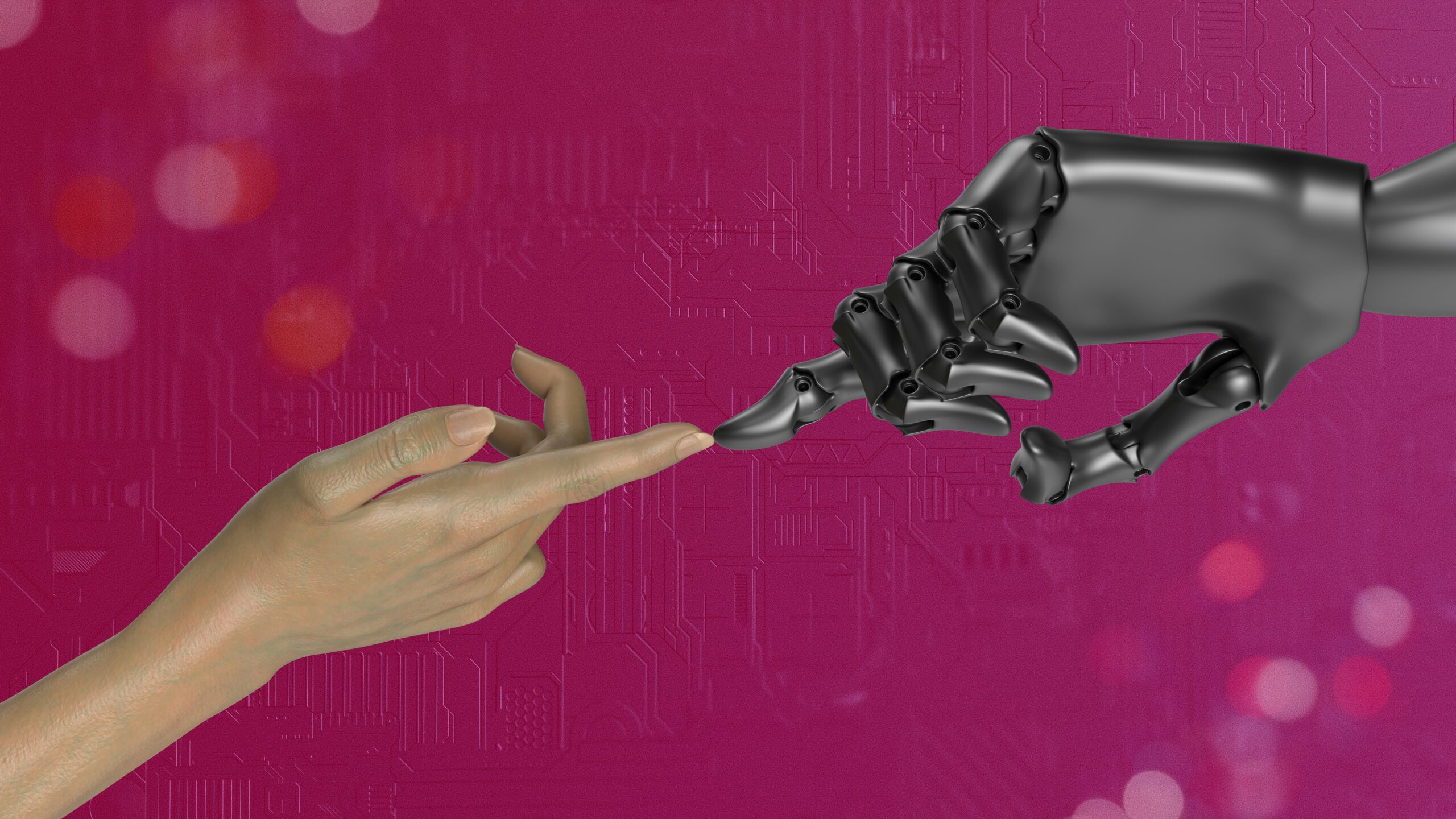 Una mano umana e una mano robotica nera che si sfiorano con l'indice su sfondo magenta con motivo di circuiti