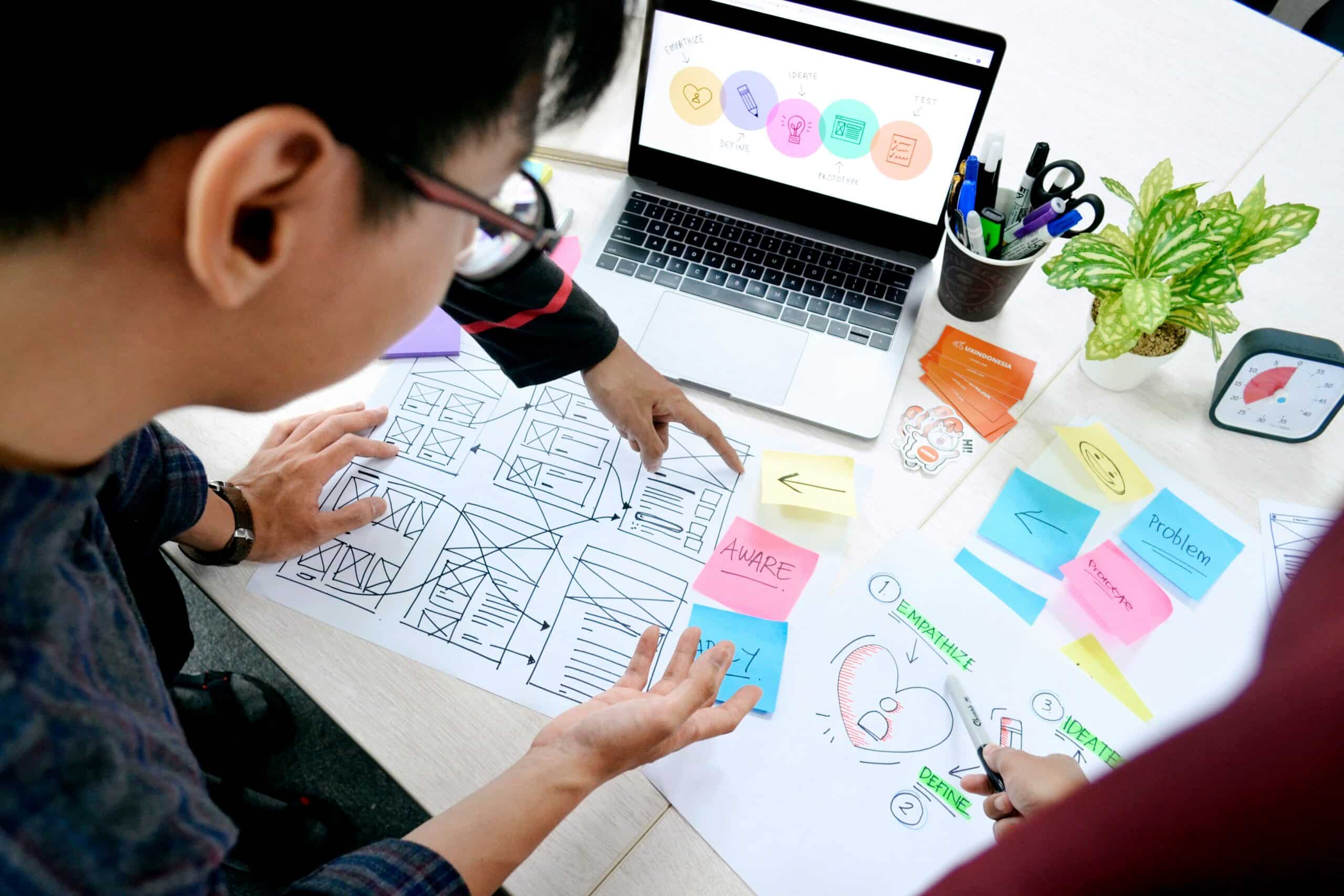 Due designer al lavoro su wireframe disegnati a mano e post-it, con un laptop che mostra le fasi del design thinking accanto a pennarelli e schizzi.